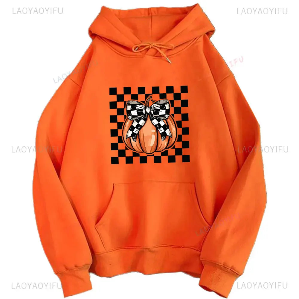 2024 Halloween Orange Hoodie Kawaii Halloween Pumpkin bowknot Women's Hoodie Harajuku Halloween Print Autumn Warm Unisex Hoodie
