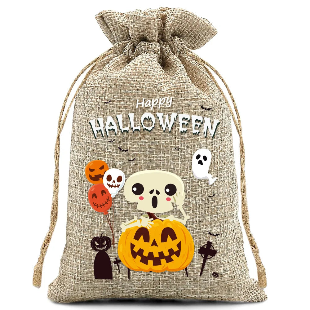 10pcs10X15cm Halloween Linen Drawstring Gift Bag Trick or Treat Party Children's Small Gifts Candy Packaging Storage Bag