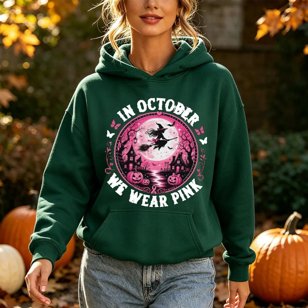 In October We Wear Pink Print Hoodie Halloween Witch Graphic Pullover Pink Ribbon Survivor Support Long Sleeve Blouse Hoodies