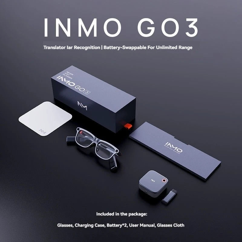 INMO GO3 AI Smart Glasses 261 Languages Real-Time Translation AR Display 8mm Temple Magnetic Swappable Battery Speaker Ring