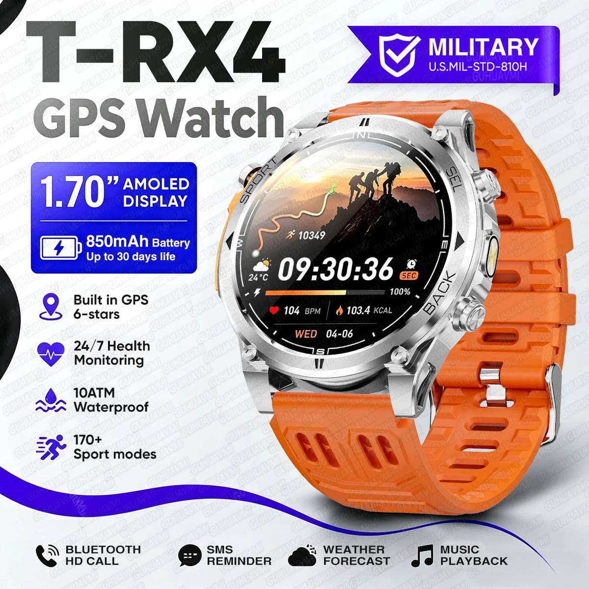 2026New Military T-RX4 Built in GPS Outdoor Smart Watch 10ATM Waterproof Compass  850mAh Battery 1.7”AMOLED Sports Fitness Clock