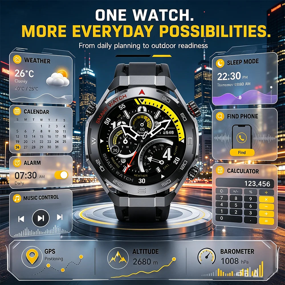 2026 New GPS Sports Smartwatch 300mAh Large Battery LED Flashlight Compass Barometer Military Grade Men's Smartwatch Gift