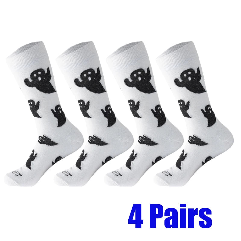 4 Pairs Ladies Autumn Winter Mid-Calf Socks, Cute Cartoon Black & White Ghost Print Halloween Themed Socks For Women