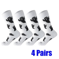 4 Pairs Ladies Autumn Winter Mid-Calf Socks, Cute Cartoon Black & White Ghost Print Halloween Themed Socks For Women