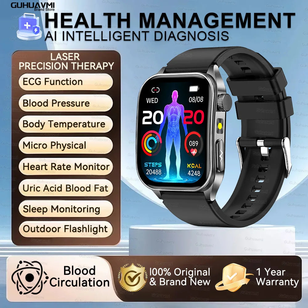 2026 New Health Smart Watch Laser Therapy Reduce Three Highs Blood Oxygen Pressure Uric Acid Blood Lipid ECG Smartwatch For Man