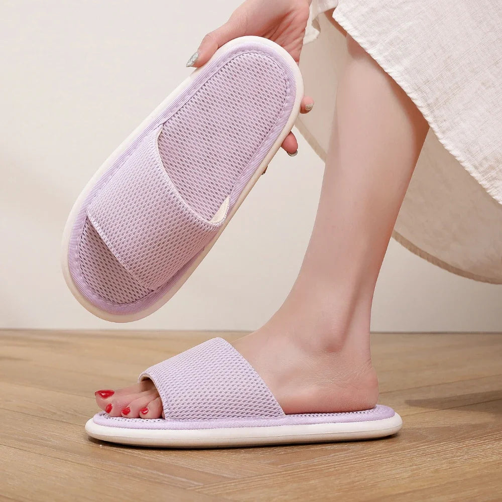 Men's Breathable Mesh On Open-Toe Slippers Lightweight Summer Indoor Shoes Soft Fabric for Home Comfort Flexible House Slippers