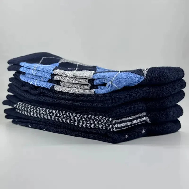 5/10 Pairs Men's Rhombus Blue Business Mid Tube Socks Anti Odor Sweat Absorbing Comfortable Breathable All Season Casual Socks