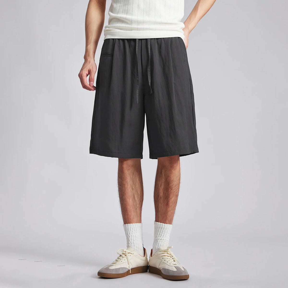 Men's Lyocell Cotton Shorts 2026 Summer Solid Color Drawstring Elastic Waist Wide Leg Five Points Sports Casual Pants