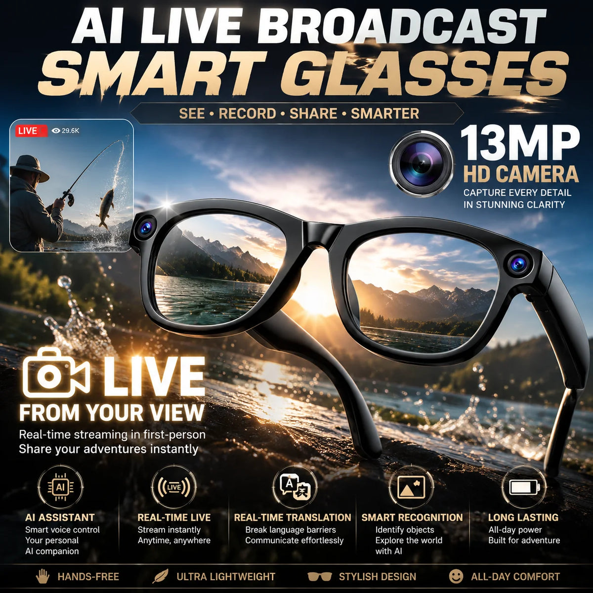 2026 AI Smart Glasses 13MP POV Camera Real-Time Translation, Live Streaming, Voice Assistant, Open-Ear Audio for Business Travel