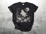 Vintage Halloween Ghost T Shirt Men Women Retro Ghost Pumpkin Moon Print Tee Washed Loose Casual Gothic Fall Streetwear T-shirt