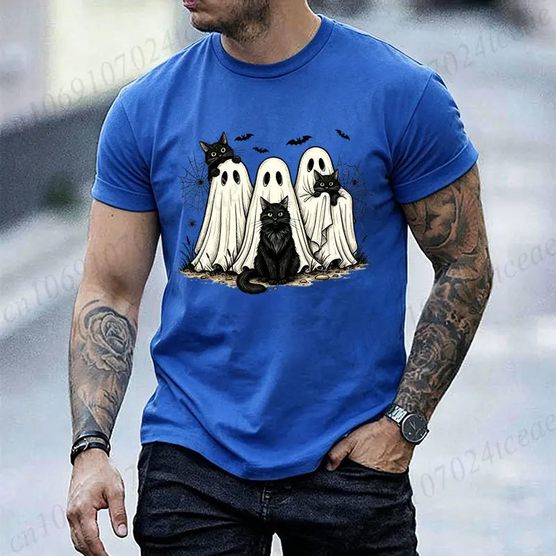 Retro Halloween Ghost & Black Cat Graphic T‑Shirt Men Women Spooky Ghost Cats Bat Spider Print Short Sleeve Holiday Party Tops