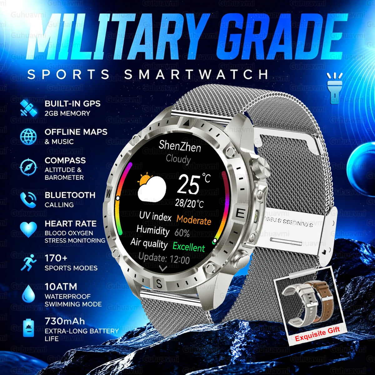 2026 New Rugged Military Smartwatch 2GB Memory GPS Offline Maps Compass 24H Heart Rate 10ATM Waterproof Bluetooth Sports Watches