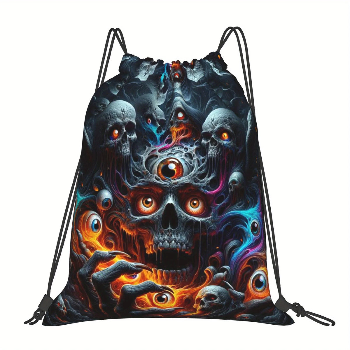 Flame Skull Print Drawstring Storage Bag, Lightweight & Durable, Universal Drawstring Backpack for Outdoor Activities