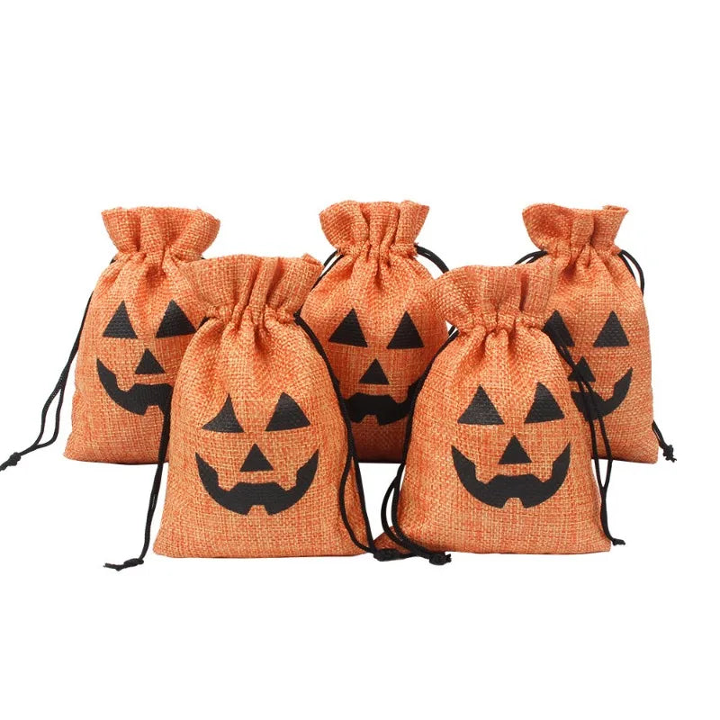 5pcs Halloween Ghost Festival Linen Drawstring Bag Christmas Party Decor Candy Jewelry Storage Gift Packing Sack Pouch