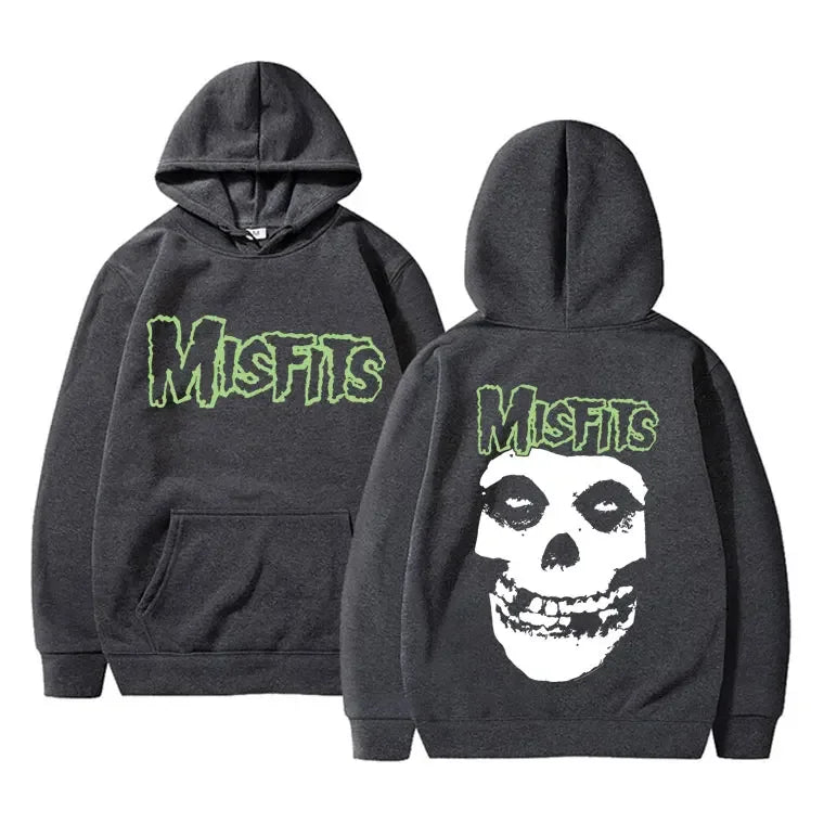 2025 Horror Punk Misfits Skull Graphic Print Hoodie Men Gothic Vintage Loose Fleece Cotton Hooded Sweatshirt Rock Style Pullover