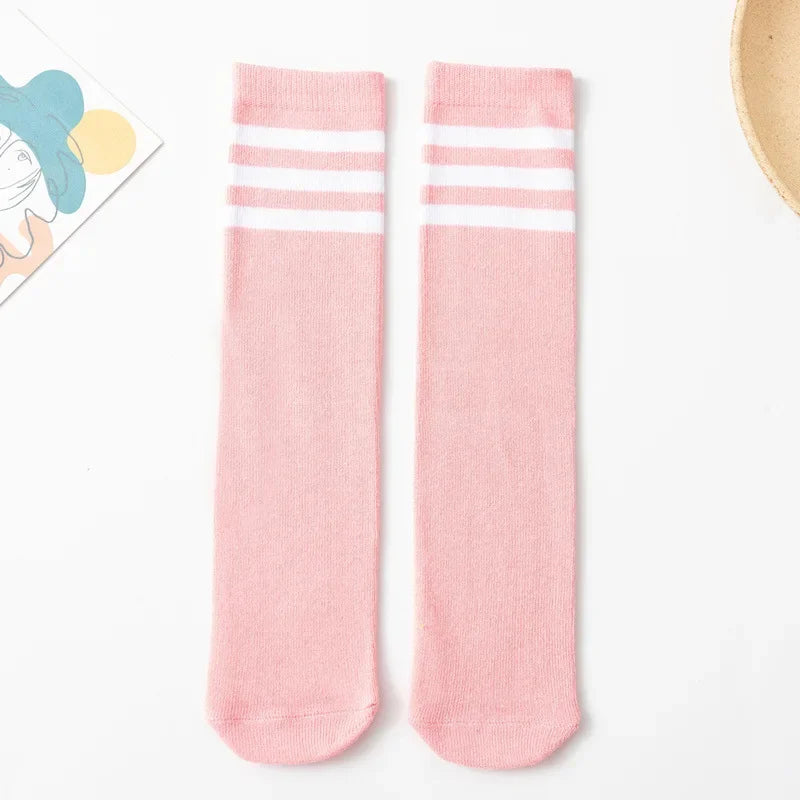 28cm Kids Soccer Socks Three Stripes Knee High Socks Cotton Sports Socks Toddler Boys Girls Uniform Tube Socks