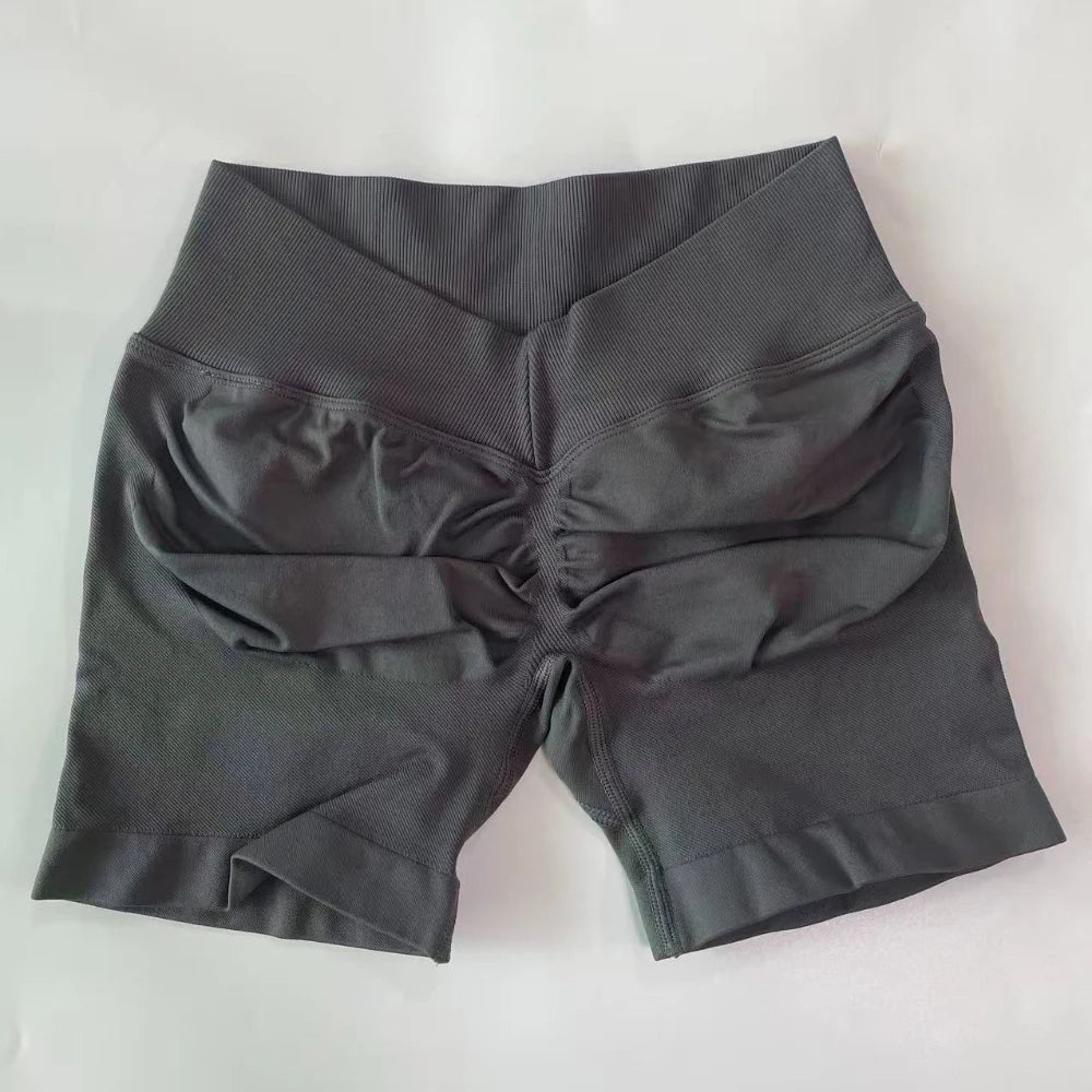 No Logo Women Back V Waist Yoga Shorts High Elastic Seamless Flex Scrunch Bum Workout Gym Shorts Yoga Booty Running Short Pants