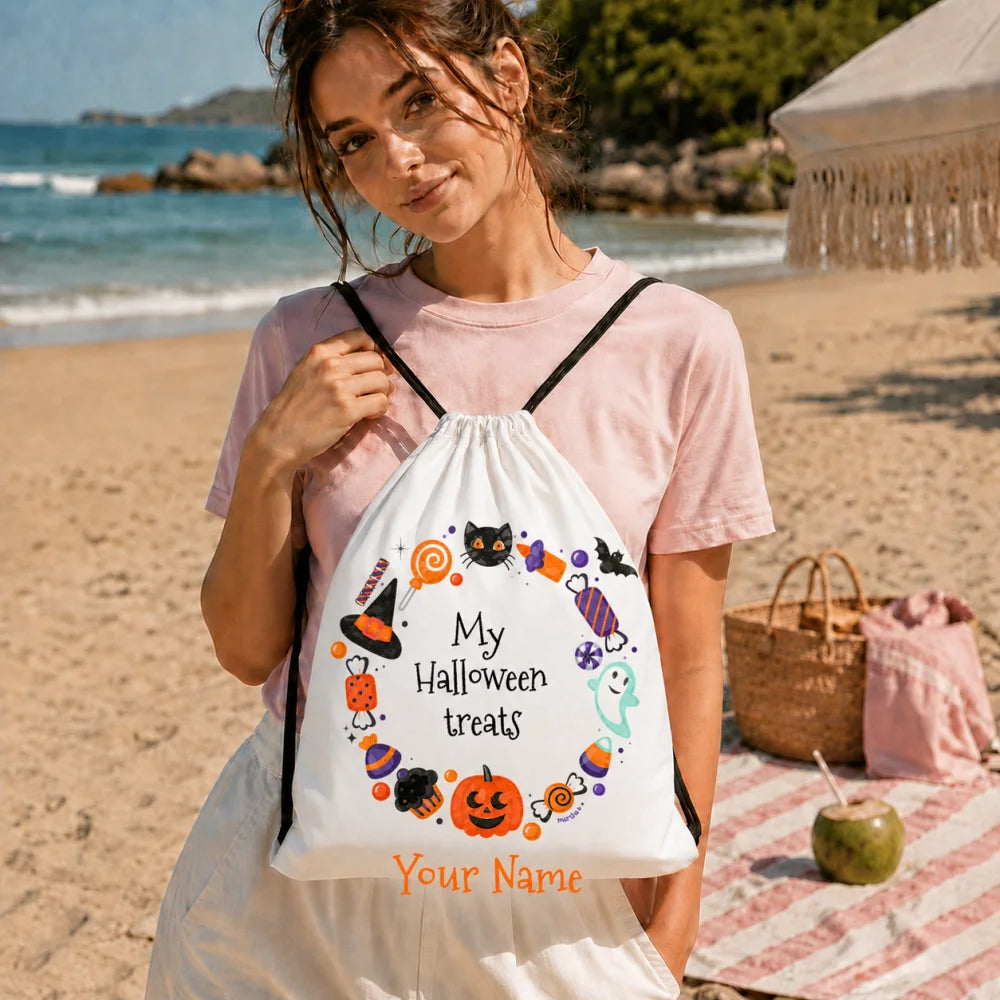 Personalized My Halloween Treats Drawstring Backpack Custom Name Kids Halloween Candy Bag Children Trick Or Treat Sack