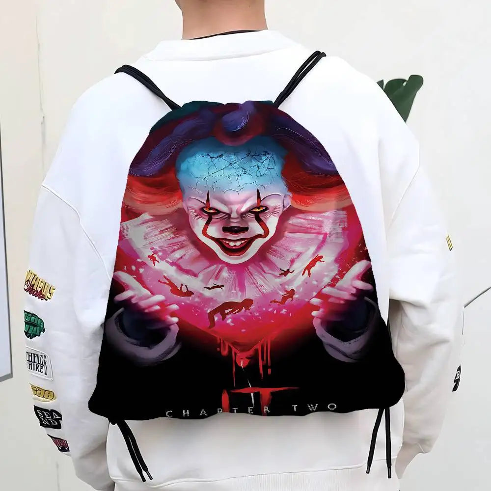 Horror Film I-It P-Pennywise Clown Drawstring Bags Sports Backpack Gym Sackpack Water Resistant String Bag For Cycling