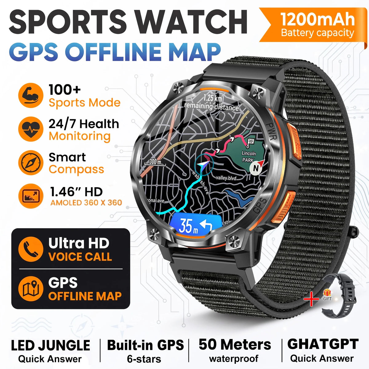 New Technology 2026 Offline Map GPS Smart Watch Men 1200mAh Battery Waterproof Compass Altimeter 100+Sports Military Smart Watch