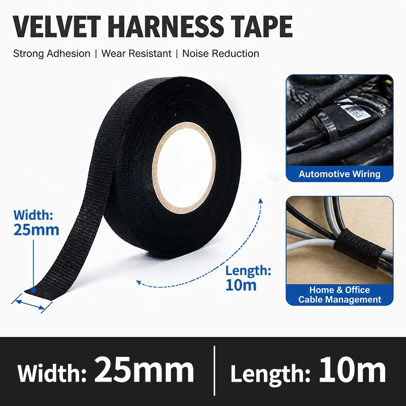 Automotive Wiring Harness Tape Black Fabric Cloth Tape Adhesive Insulation Electrical Tape 9/15/19/25mm Width 10/25M Length