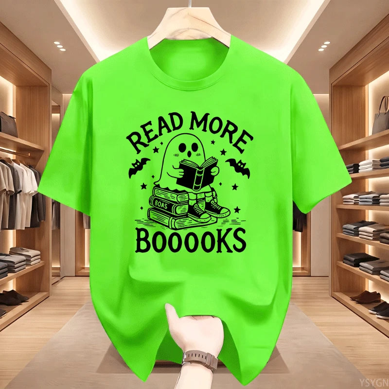 Read More Booooooks Ghost Book Lover T‑Shirt Cute Ghost Reading Book Stack Bat Star Spooky Halloween Bookworm Pun Quote Tops Tee