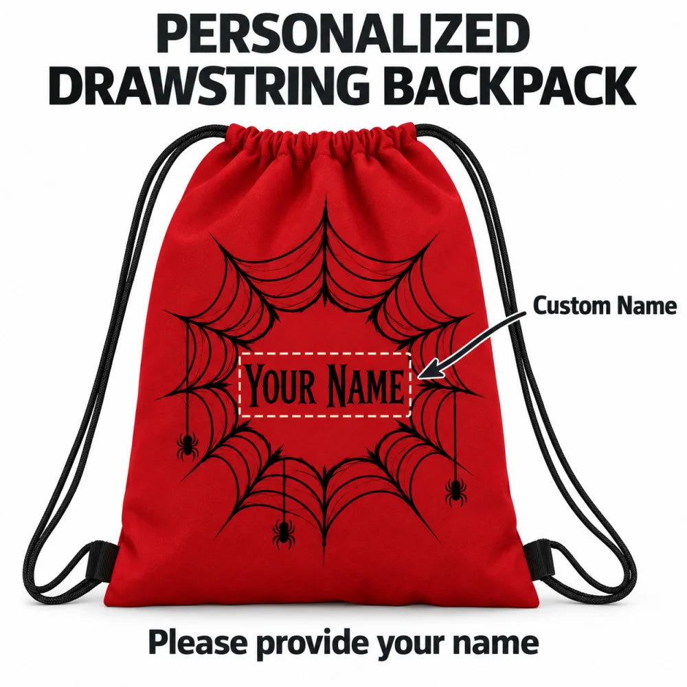 Halloween Trick Or Treat Drawstring Backpack, Personalized Custom Name Spider Web Print Sack, Lightweight Candy Carry Bag