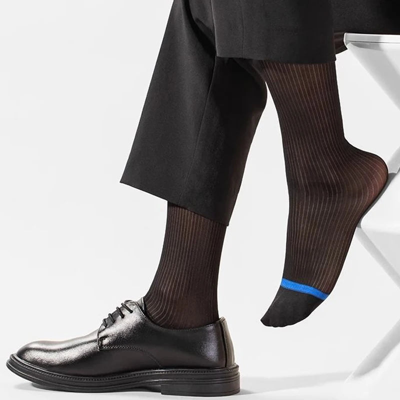 7 Pairs Man Short Silk Socks Business Thin Nylon Striped Breathable Soft Elastic Below Knee Calf Formal Wear Crew Sock Gentleman