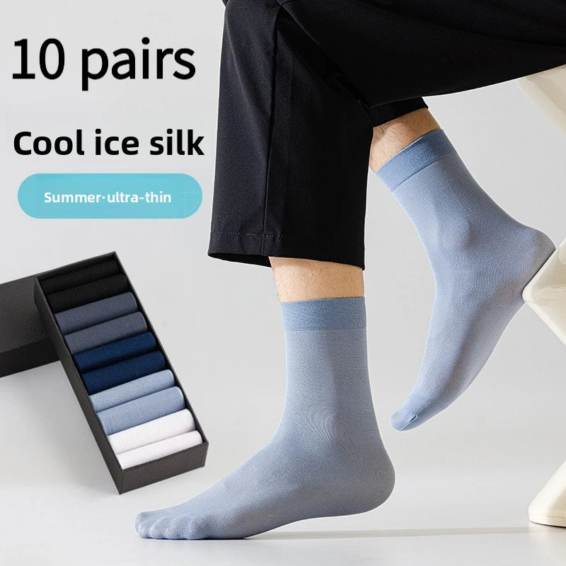 2026 New Spring Summer 10 Pairs Men's Business Casual Ice Silk Mid-Calf Socks Breathable Sweat Absorbing Ultra Thin Work Socks