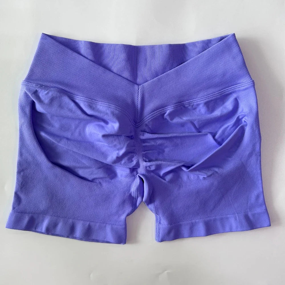 No Logo Women Back V Waist Yoga Shorts High Elastic Seamless Flex Scrunch Bum Workout Gym Shorts Yoga Booty Running Short Pants
