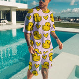 Cute duck 3D printed T-shirt shorts set for men's casual fashion loose short sleeved T-shirt pants set for men's lightweight and