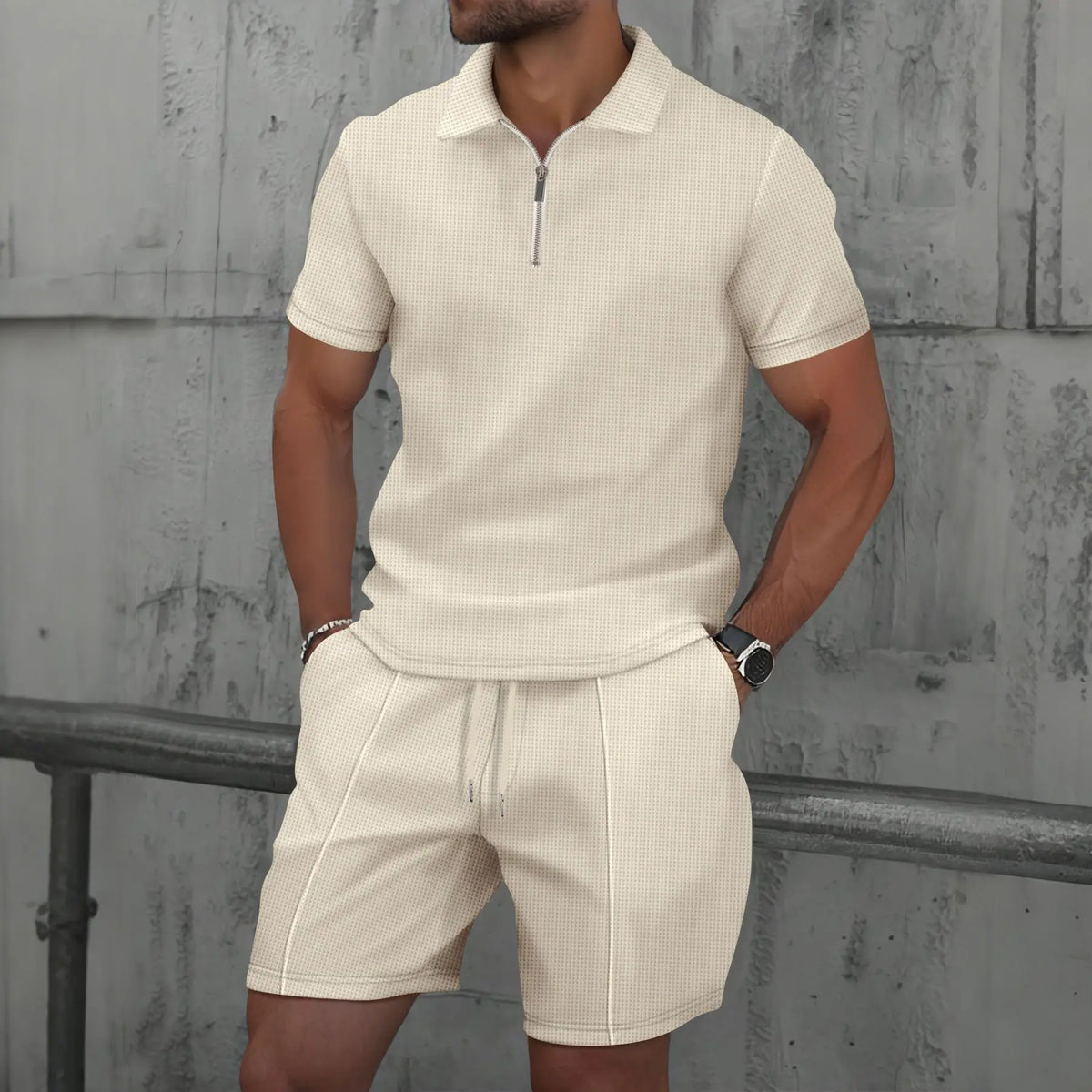 Men Europe and the United States New Summer Waffle Solid Color Zip-Up Lapel Short-Sleeve Suit Shorts Two Sets
