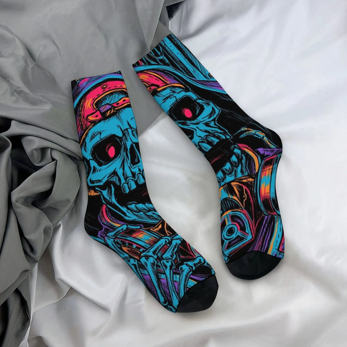 1 Pair Horror-themed Skull Print Men's Socks Stylish Hip-hop Cool Funny Harajuku Style Socks Non-slip Soft Skin-friendly Socks