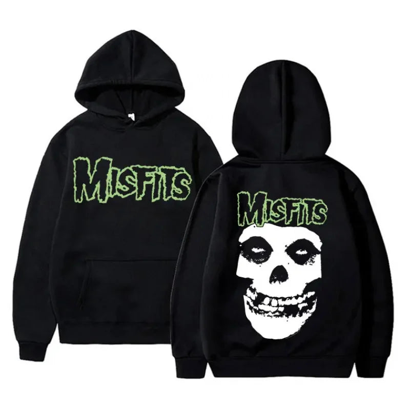 2025 Horror Punk Misfits Skull Graphic Print Hoodie Men Gothic Vintage Loose Fleece Cotton Hooded Sweatshirt Rock Style Pullover
