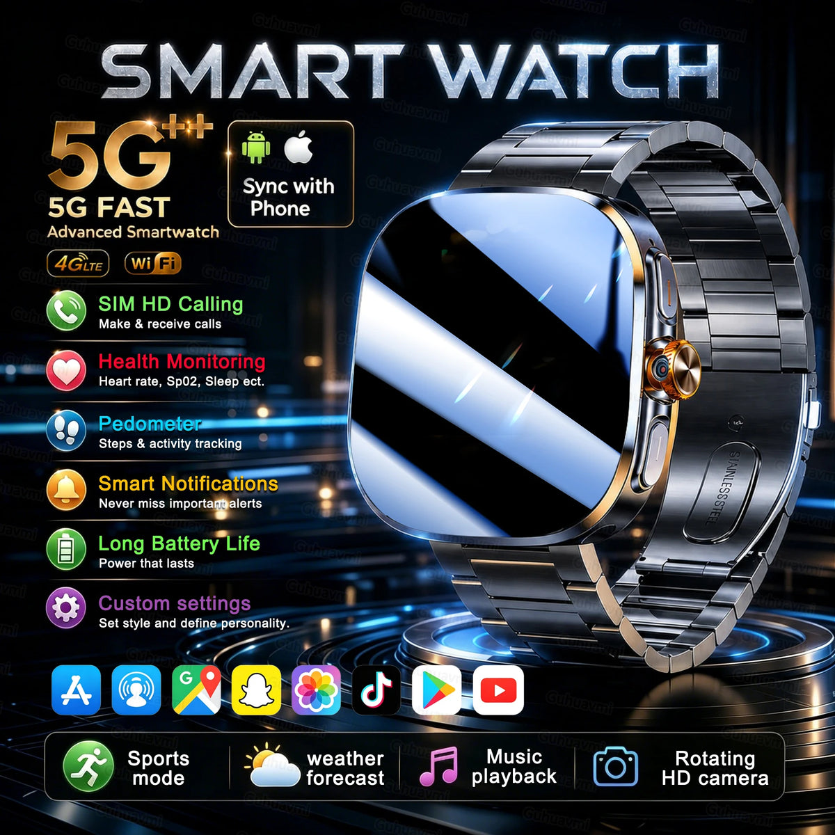 New 4G 5G Full Netcom Smartwatch 2.4 inch Amoled Screen Insert Sim Card GPS WIFI 190° Rotating Camera Game Android Smart Watch
