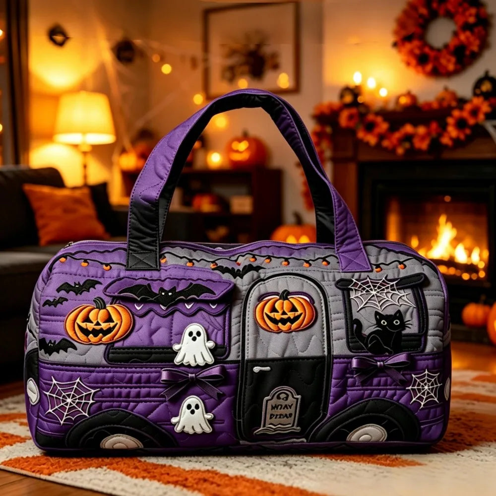Halloween Quilted Women's Bus Pumpkin Bat Printed Handbag Valentine's Day Gift Multifunctional Fitness Bag Short Trip Bag