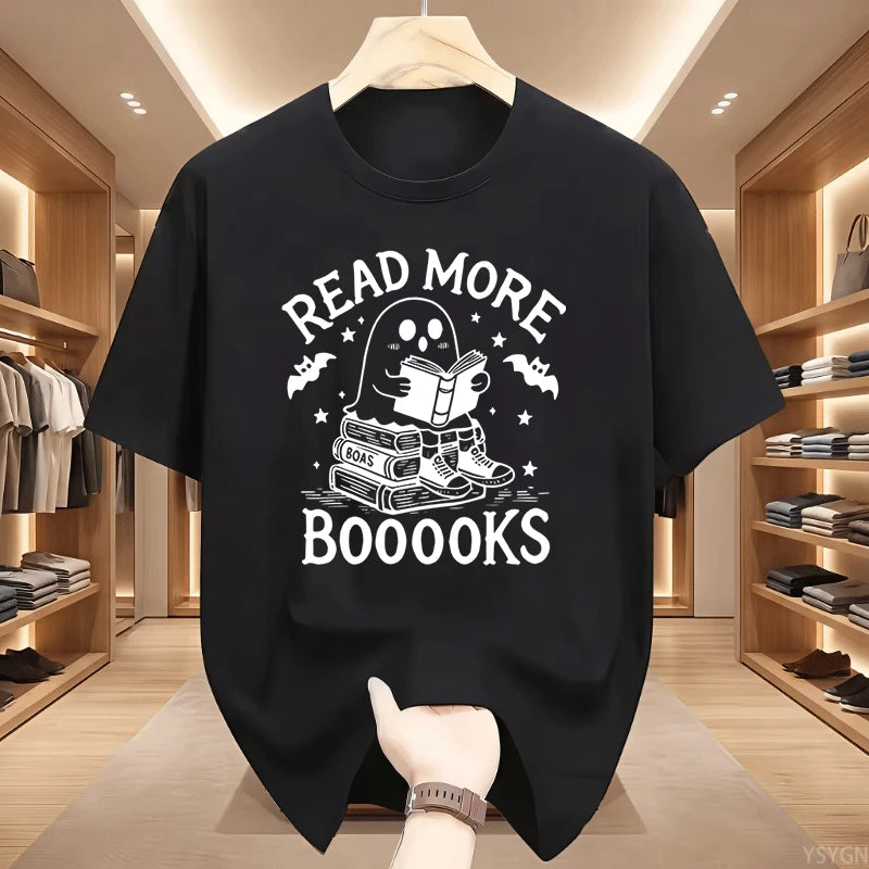 Read More Booooooks Ghost Book Lover T‑Shirt Cute Ghost Reading Book Stack Bat Star Spooky Halloween Bookworm Pun Quote Tops Tee