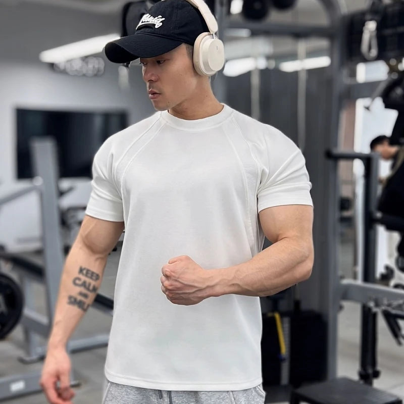 New Summer Leisure Running T-Shirt Gym Training Tops Elastic Quick Drying Pure Color Short Sleeve Sports T-Shirt Men Sportswear