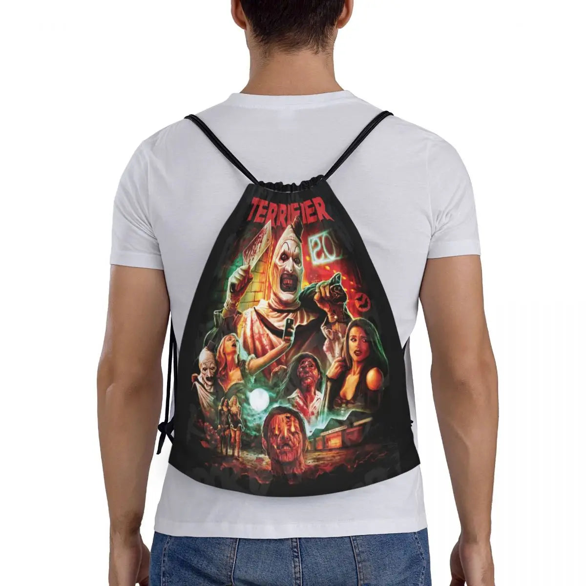 Custom Horror Movie Terrifier Drawstring Bag for Shopping Yoga Backpacks Women Men Halloween Clown Sports Gym Sackpack