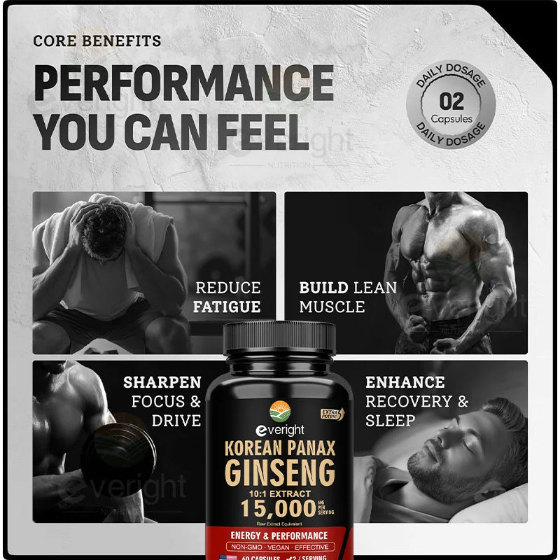 Red Korean Ginseng Supplement for Men - Extra Strength 10:1 Extract - Energy, Focus, Productivity, Performance - Natural & Vegan