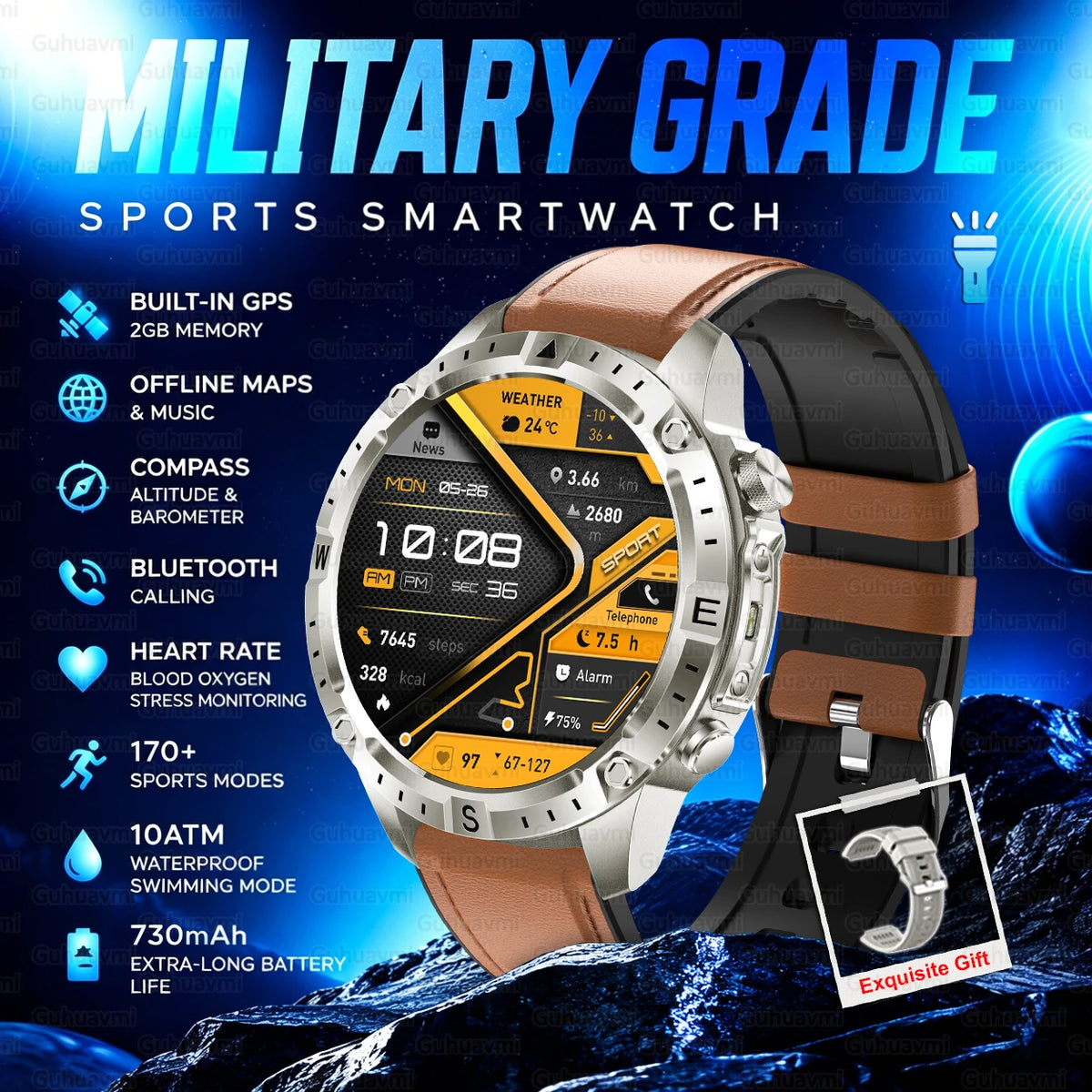 2026 New Rugged Military Smartwatch 2GB Memory GPS Offline Maps Compass 24H Heart Rate 10ATM Waterproof Bluetooth Sports Watches