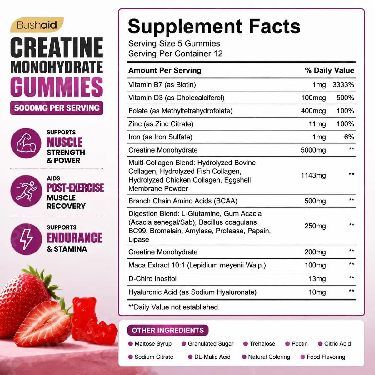 BushAid Creatine Monohydrate Gummies for Post-Workout Muscle Recovery with Multi-Collagen Blend, BCAA and Zinc, 60 Gummies