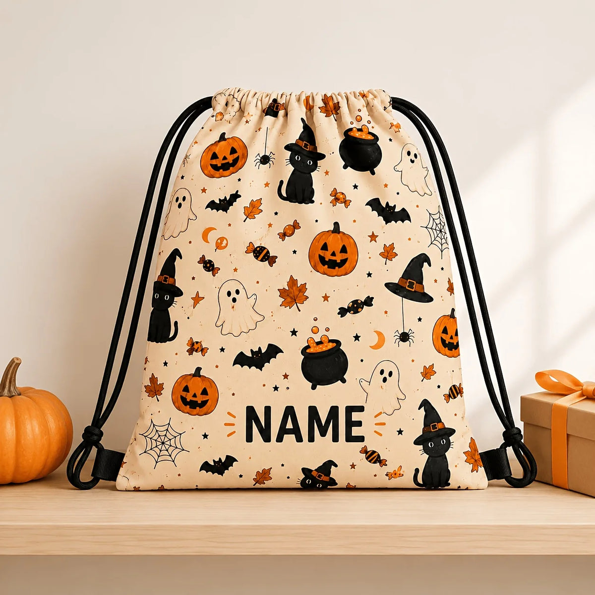 1PC Personalized Halloween Drawstring Bag Custom Name Pumpkin Ghost Candy Backpack Sack Boys Girls Party Gift Bag Decoration