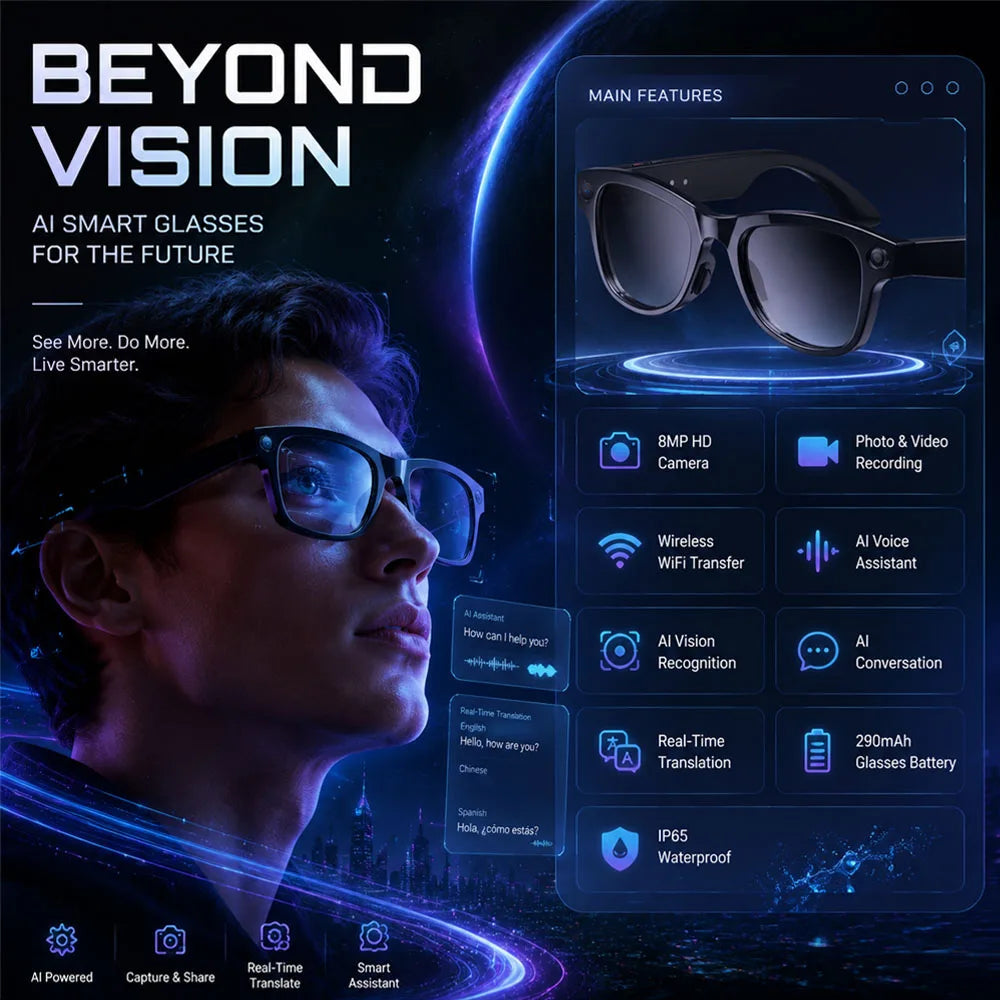 NEW 4K HD Smart Glasses 800W HD Camera AI Large Model IP54 Waterproof AI Dialogue Translation Music Smart Glasses Men Women