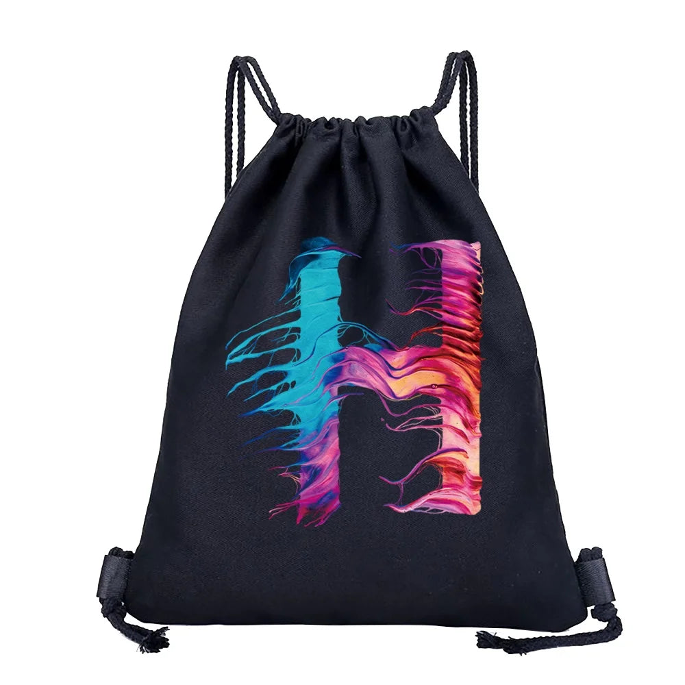 26 Initials Print Drawstring Bag Backpack Men and Women Beach Sports Travel Backpack Kid Gift Supplies Bag Portable Sundries Bag