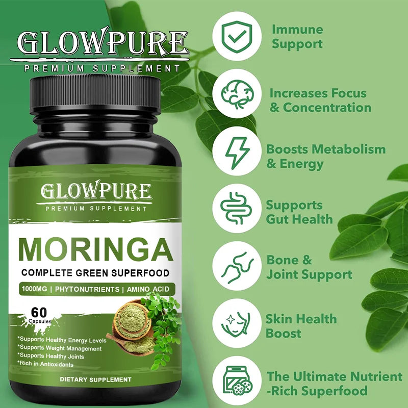 Pure Moringa Capsules - Energy, Skin, Immune & Gut Health Superfood, Rich in Antioxidants, Essential Vitamins & Amino Acids