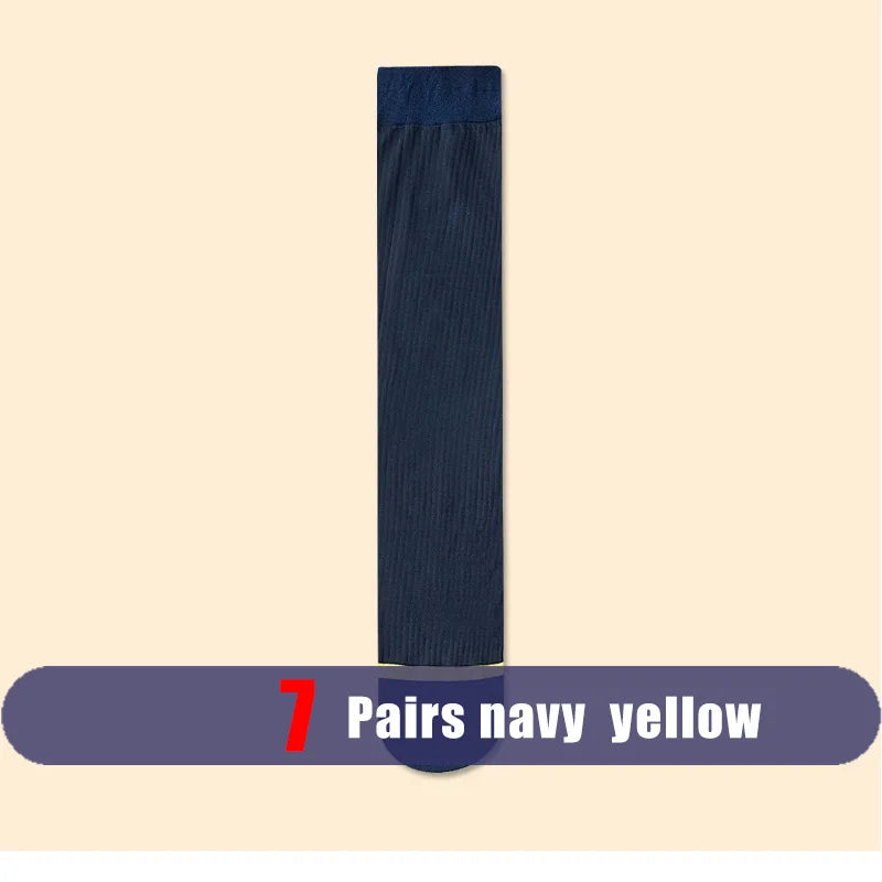7 Pairs Man Short Silk Socks Business Thin Nylon Striped Breathable Soft Elastic Below Knee Calf Formal Wear Crew Sock Gentleman