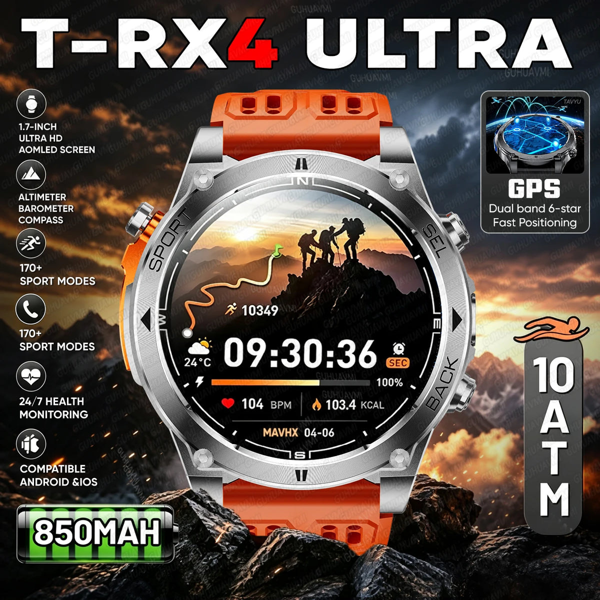 New T-RX4 Ultra Outdoor Sports Smart Watch Built in GPS Compass Altimeter Barometer 10ATM Waterproof Military Smartwatch For Men