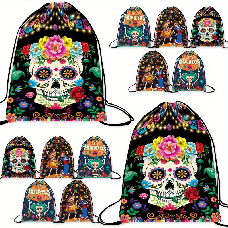 Drawstring Backpack Unique Skull Flower Pattern Lightweight Portable Storage Bag for Halloween Festival Party Travel Daily Use
