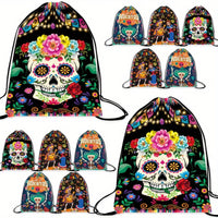Drawstring Backpack Unique Skull Flower Pattern Lightweight Portable Storage Bag for Halloween Festival Party Travel Daily Use